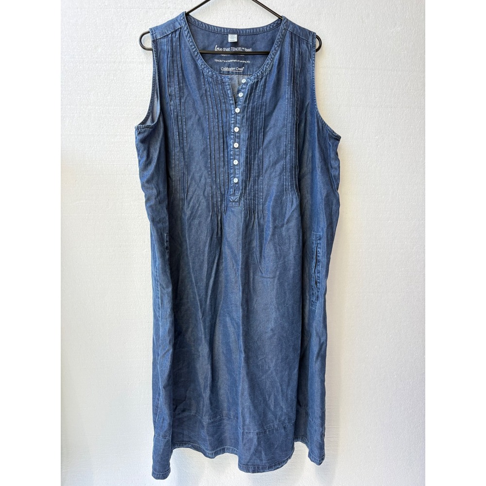 Coldwater Creek 100% Tencel Pintuck Henley Sleeveless Shift Dress Pockets Blue